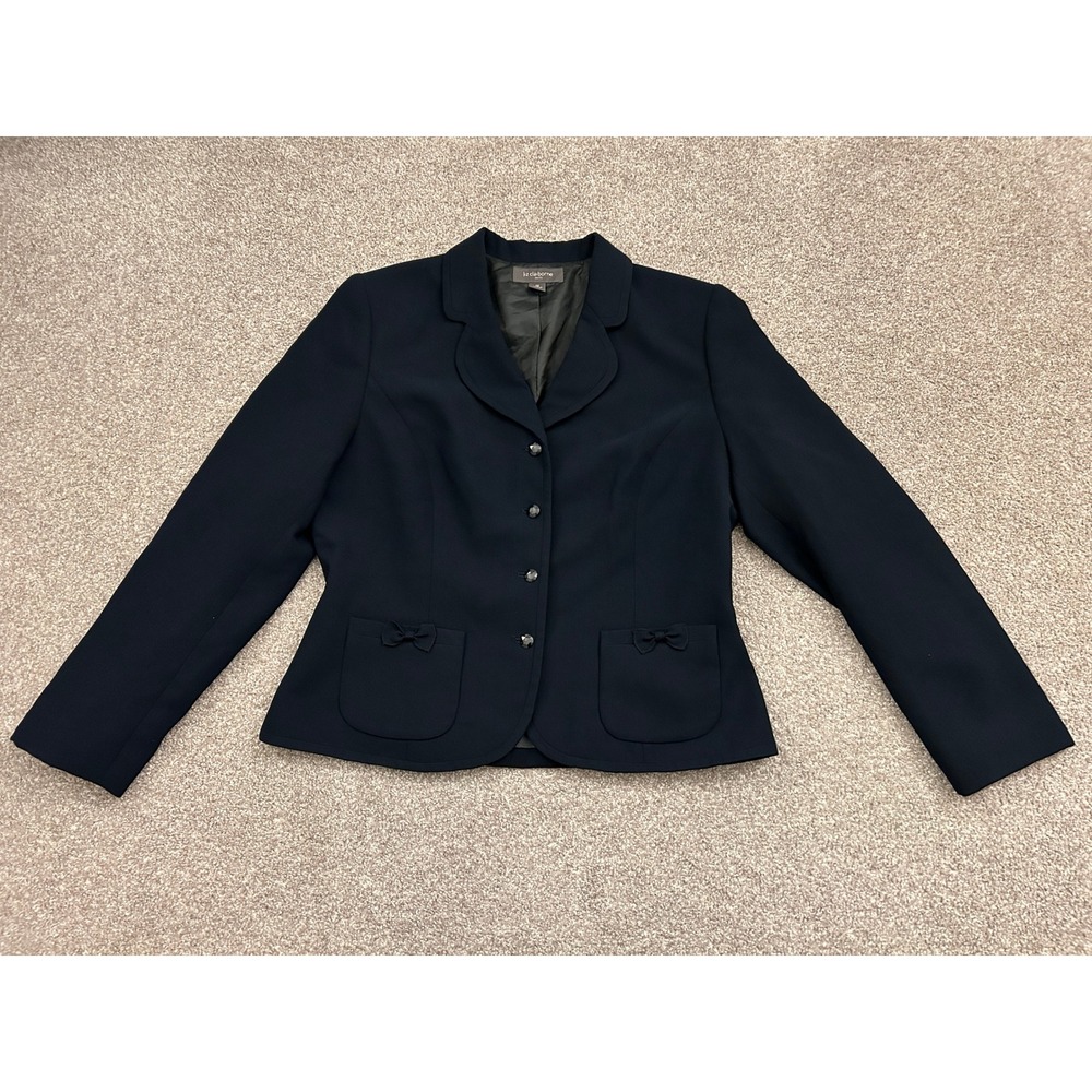 Liz Claiborne Blazer Womens 12 Navy Blue Excellent Bow Pocket Button Up Jacket